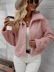 SHEIN Clasi Drop Shoulder Teddy Jacket - Dusty Pink - View 1