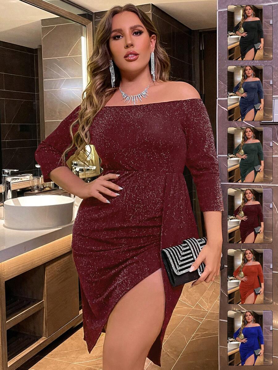 Cravure Plus Size Deep Red Off Shoulder Shiny Slit Dress - Burgundy - View 1