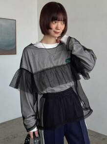 FRIFUL Lace Mesh Sheer Women's Top - Black - View 3