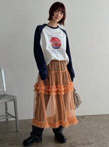 FRIFUL Mesh Flounce Hem Skirt - Orange - View 4