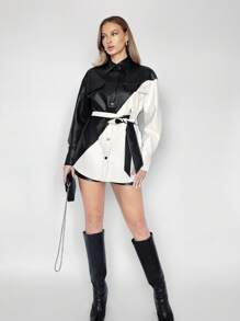 BizChic Của phụ nữ Tương phản Thắt lưng Da giả Áo khoác - Đen và trắng - Xem 5