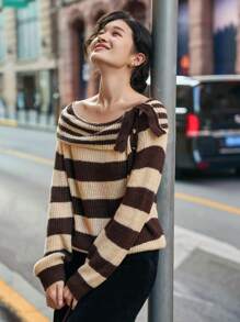 Dazy Star Striped Pattern Button Detail Sweater,Fall Clothes - Black and White - View 7
