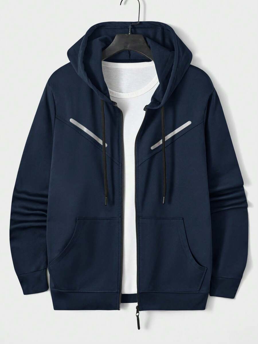 SHEIN Cottnline Men's Color Block Striped Hooded Sweatshirt With Drawstring And Zipper - Navy Blue - View 1