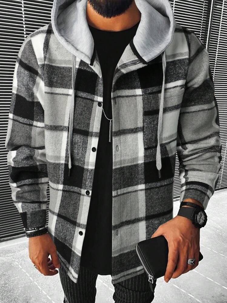 Manfinity Homme Men Plaid Drawstring Hooded Going Out Casual Shacket Without Tee Boyfriend Gift SHEIN USA