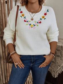 SHEIN LUNE Plus Floral Embroidery Drop Shoulder Sweater - White - View 3