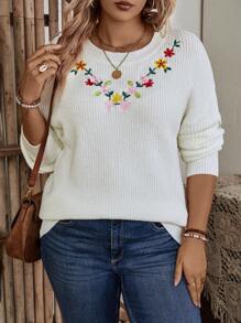 SHEIN LUNE Plus Floral Embroidery Drop Shoulder Sweater - White - View 5
