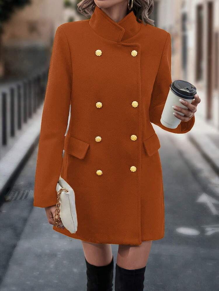 SHEIN Privé 翻領雙排扣外套 - 棕色 - 查看 5