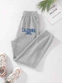 SHEIN EZwear 女士字母印花保暖内衬运动裤 - 灰色 - 查看 1