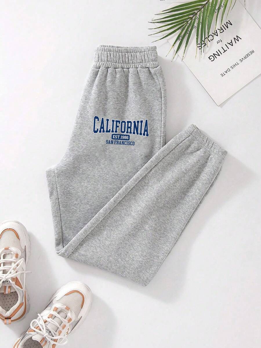 SHEIN EZwear 女士字母印花保暖内衬运动裤 - 灰色 - 查看 1