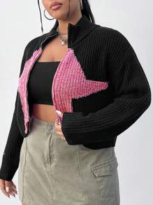 SHEIN EZwear 大尺寸對比拉鍊針織開衫 - 黑色 - 查看 3