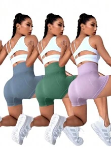 Easithlete Solid Color Wide Waistband Sports Shorts Biker Shorts Jogger Shorts Stretchy Shorts - Multicolor - View 2