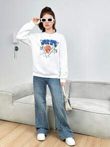 青少年女孩字母&籃球印花運動運動衫 - 白色 - 查看 3