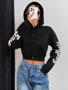 SHEIN Unity 女士信封印花束口帽衫 - 黑色 - 查看 3