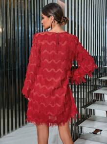 GENKIRA Vestido De Manga Larga Con Flecos Para Mujer - Rojo - Ver 2