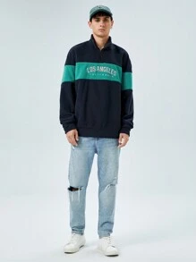 Manfinity RebelGame Áo nỉ nỉ hai tông màu thêu chữ dáng rộng có khóa kéo nửa thân dành cho nam - Màu xanh hải quân - Xem 5