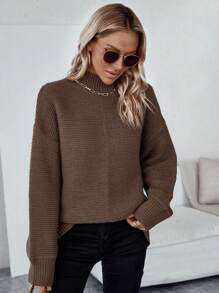 SHEIN Essnce Half Turtleneck Cold Shoulder Sweater - Camel - View 5