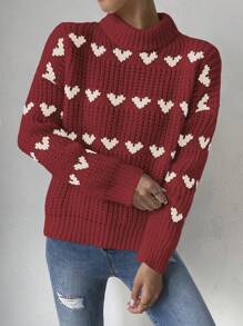 SHEIN Essnce Heart Patterned Turtleneck Sweater With Drop Shoulder Sleeve Design - Multicolor - View 5