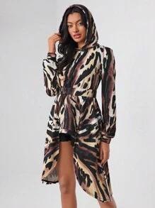 TF TRAN Designer Allover Print High Low Hem Hooded Sweatshirt, For Holiday, Vacation, Spring, Festival, Workout, Ibiza Fits