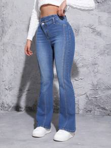 SHEIN EZwear Asymmetrical Waist Flare Leg Jeans - Medium Wash - View 6