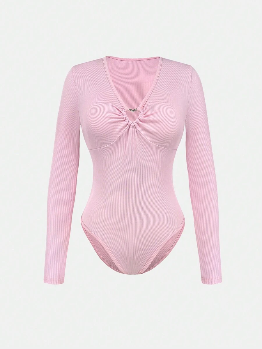 SHEIN Unity 女式纯色V领插肩袖金属环装饰紧身衣 - 粉色 - 查看 1