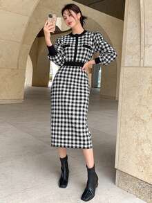 DAZY 女用格紋燈籠袖毛衣連身裙 - 黑與白 - 查看 3