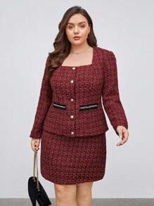 BizChic Hơn Hoa văn kẻ sọc Cổ vuông Tweed Áo khoác & Váy - Đỏ - Xem 5