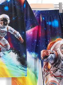 SHEIN Tween Boy Astronaut Print Tee & Pants Snug Fit PJ Set - Multicolor - View 4