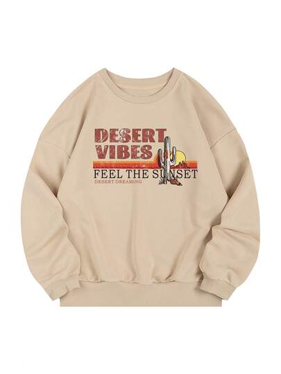 Women's Alphabet & Cactus Printed Round Neck Sweatshirt