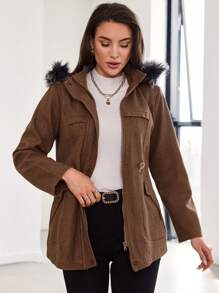 EURMUSE Drawstring Waist Fuzzy Trim Hooded Overcoat - Coffee Brown - View 4