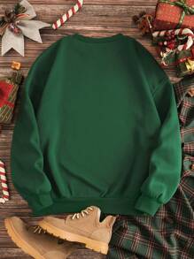 SHEIN EZwear 女聖誕快樂印花抓絨運動衫 - 墨綠色 - 查看 2