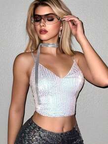 SHEIN Sweetina Sequin Crop Cami Top With Choker - White - View 3