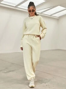 2 szt. Ulica Długi Rękaw Opuszczane ramiona & Luźny Szeroka Noga Spodnie Dresowe - Beżowy - Zobacz 1