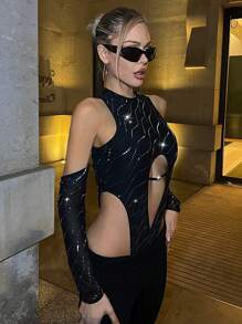 SHEIN ICON 女士閃亮露肚高腰切割y2k黑色連體衣 - 黑色 - 查看 3