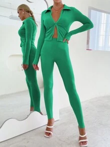 Chiquease 女款雙拉鍊t恤和打底褲套裝 - 薄荷綠 - 查看 3