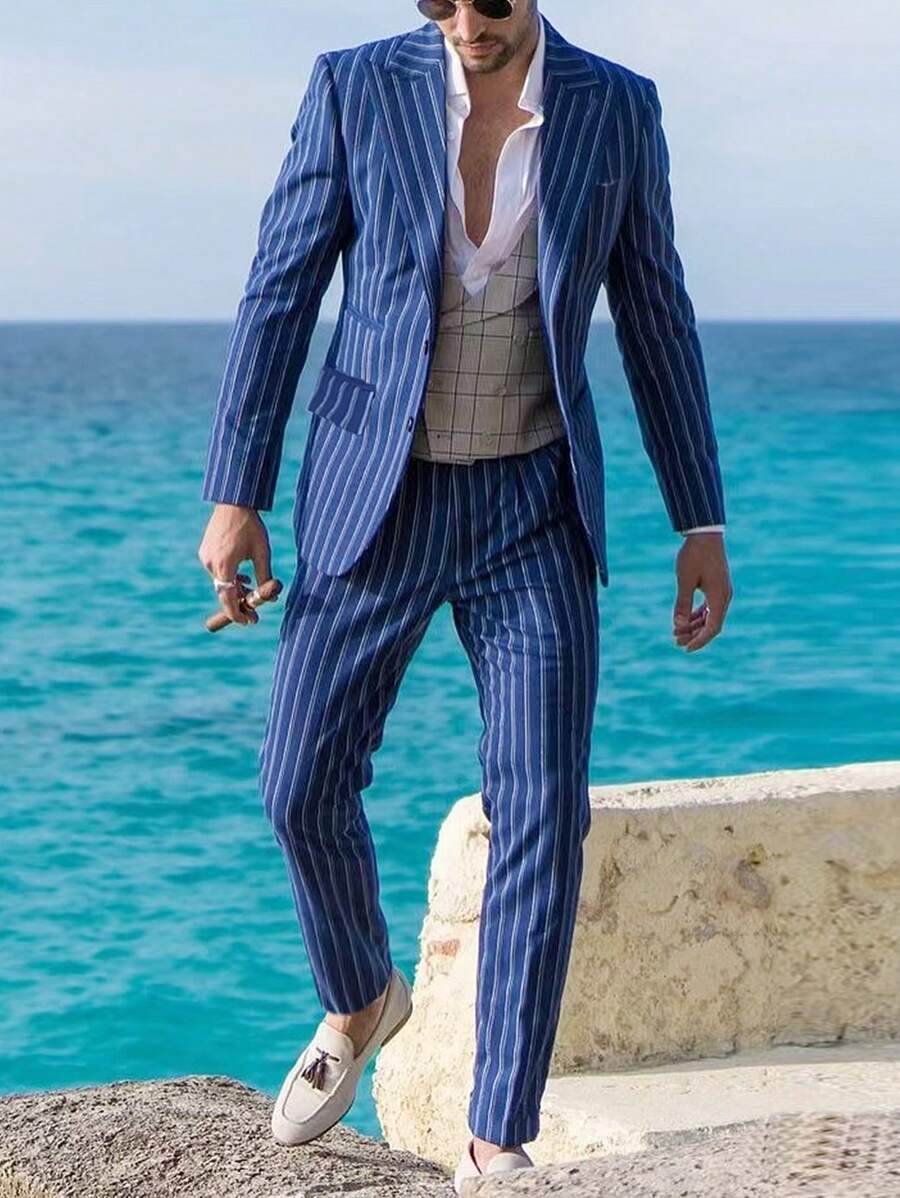 Manfinity 男士條紋單扣西裝外套和褲子(不含襯衫) - 藍色 - 查看 1