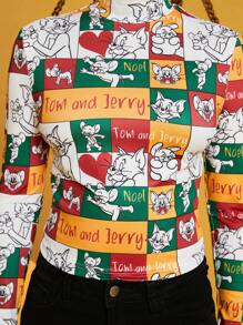 TOM & JERRY X SHEIN 女性高領卡通印花短款t恤 - 彩色 - 查看 7