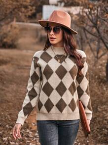 SHEIN Clasi Suéter De Cuello Alto Con Estampado De Rombos Para Mujer - Multicolor - Ver 6