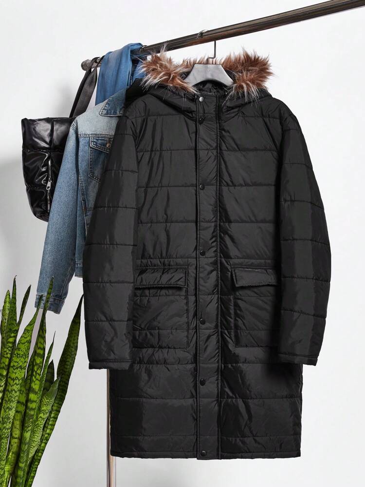 1pc Men's Oversized Hooded Padded Coat With Flap Pocket And Fuzzy Trim, For Fall Winter