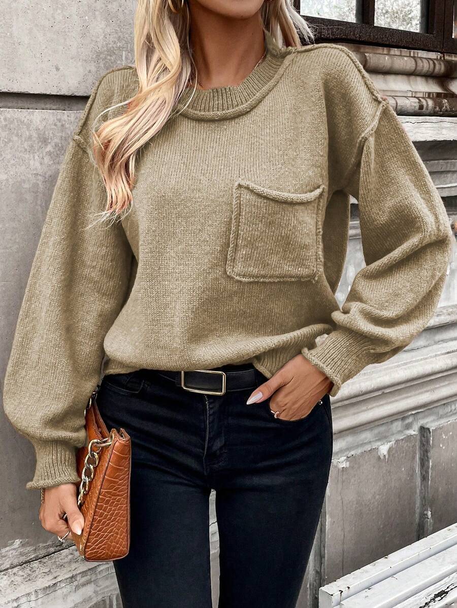 SHEIN LUNE 附口袋寬鬆毛衣 - 卡其色 - 查看 1