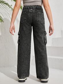 Cô gái Tween Túi nắp bên cạnh Quần jean chở hàng - Xám - Xem 2