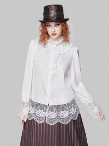 ROMWE Avant 女款純色蕾絲邊襯衫 - 白色 - 查看 5