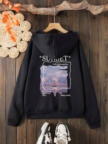 SHEIN EZwear 船舶及標語圖案下拉肩帶束口保暖襯裡連帽衫 - 黑色 - 查看 1