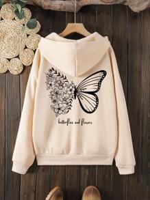 SHEIN EZwear In Hoa & Bướm Dây rút Áo hoodie ấm áp - Màu be - Xem 1