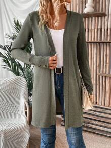 SHEIN LUNE Solid Open Front Coat - Army Green - View 3
