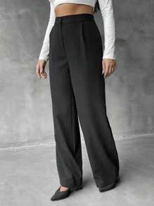 SHEIN Cottnline Women's Plus Size Solid Color Wide Leg Pants - Black - View 3
