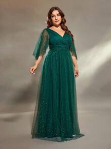 Plus Size Women V-Neck Criss-Cross Ruched Asymmetrical Long Sleeve Mesh Overlay Party Dress Wedding Guest Dress Formal Dress Evening Dress,Gown - 墨綠色 - 查看 4