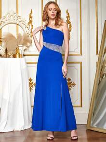 ANGEL FASHIONS One Shoulder Hollow Out Handmade Beaded Floor Length Evening Dress With High Slit - Blue - View 3