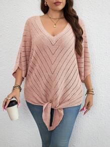 SHEIN LUNE Hơn Dệt kim chấm bi tay cánh Nút viền Áo len - Hồng - Xem 7