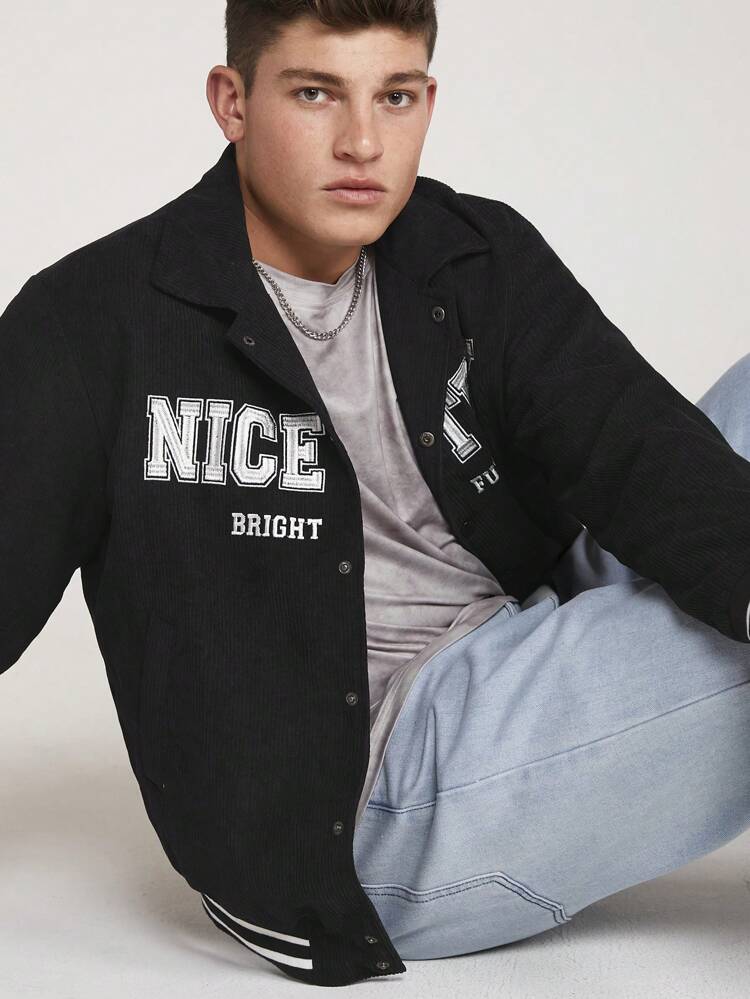 Men Letter Embroidery Corduroy Jacket