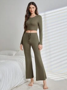 Ocili 2 件/套純色圓領長袖 T 恤和褲子家居服套裝 - 白色 - 查看 1